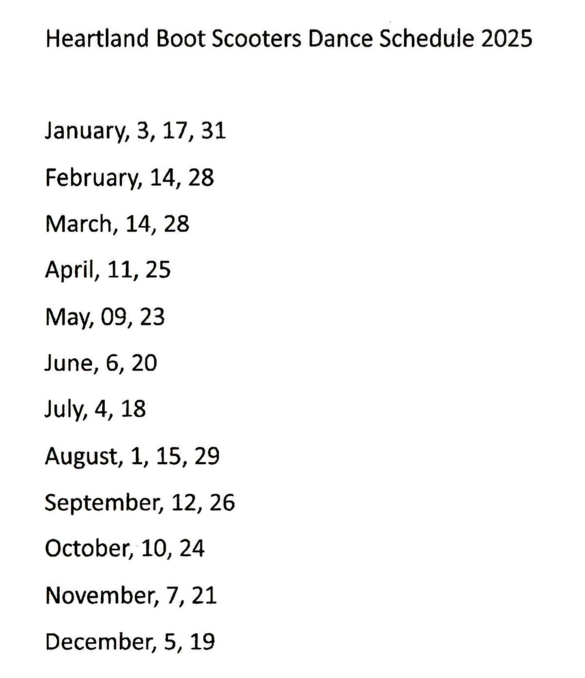 Heartland Boot Scooters Dance - 2025 Schedule 