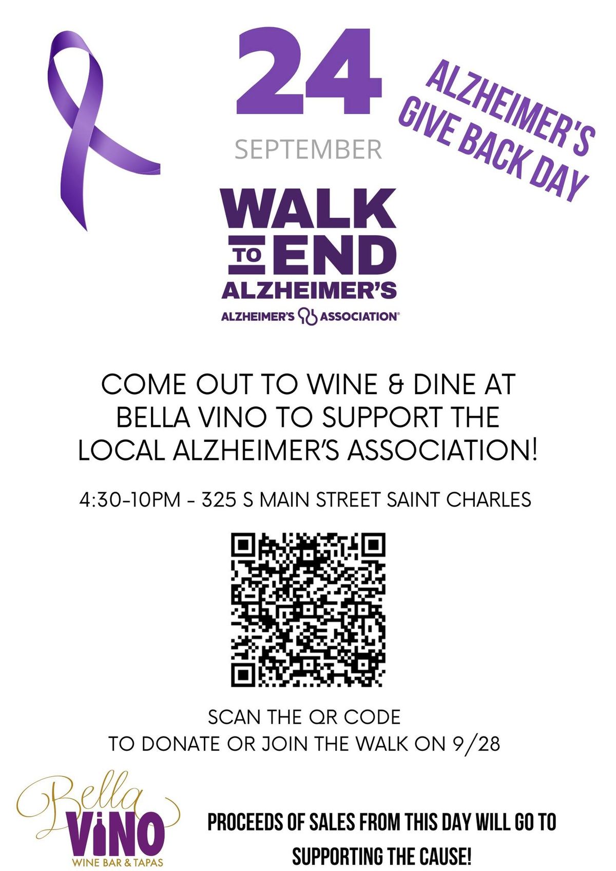 Alzheimer\u2019s Give Back Day at Bella Vino Wine Bar Sept. 24th! 