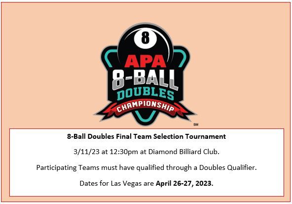 8-Ball Doubles Finals for 2023.  Teams must Qualify to participate. 