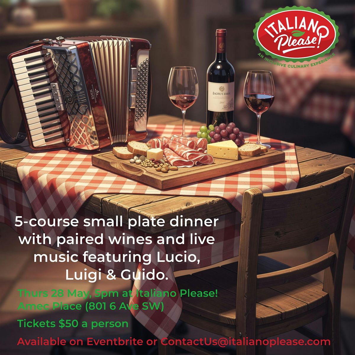 5-course small plate dinner with paired wine featuring Lucio, Luigi & Guido