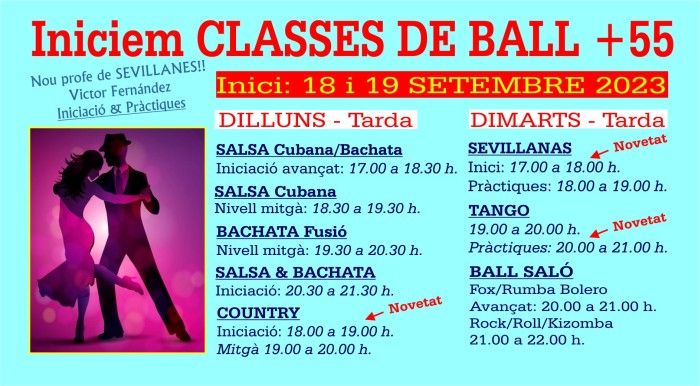 INICI CLASSES DE BALL+55. Inici nous cursos 18\/19 SETEMBRE 2023 - Club Friendsteam.com.