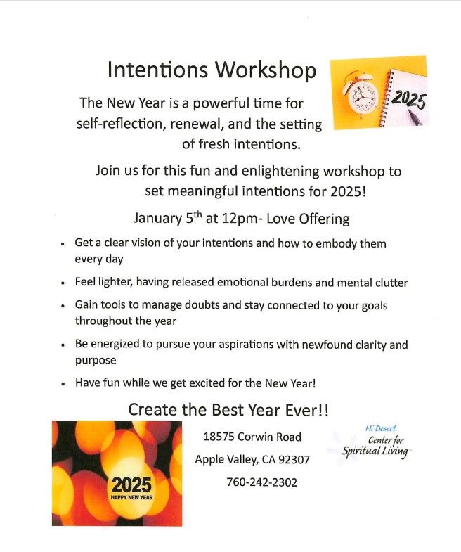 Intentions Workshop Sunday Jan 5th at 12 NOON