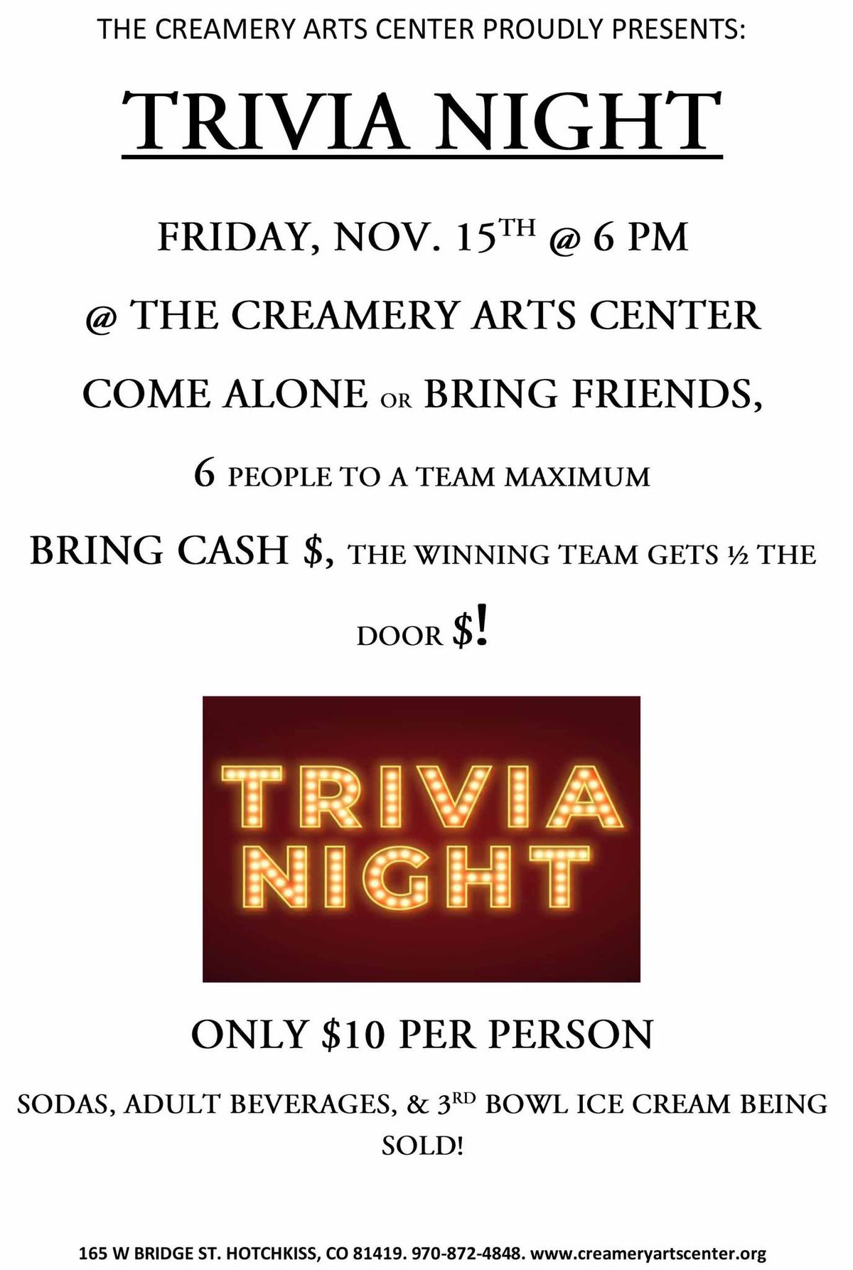 TRIVIA NIGHT @ THE CREAMERY IN HOTCHKISS