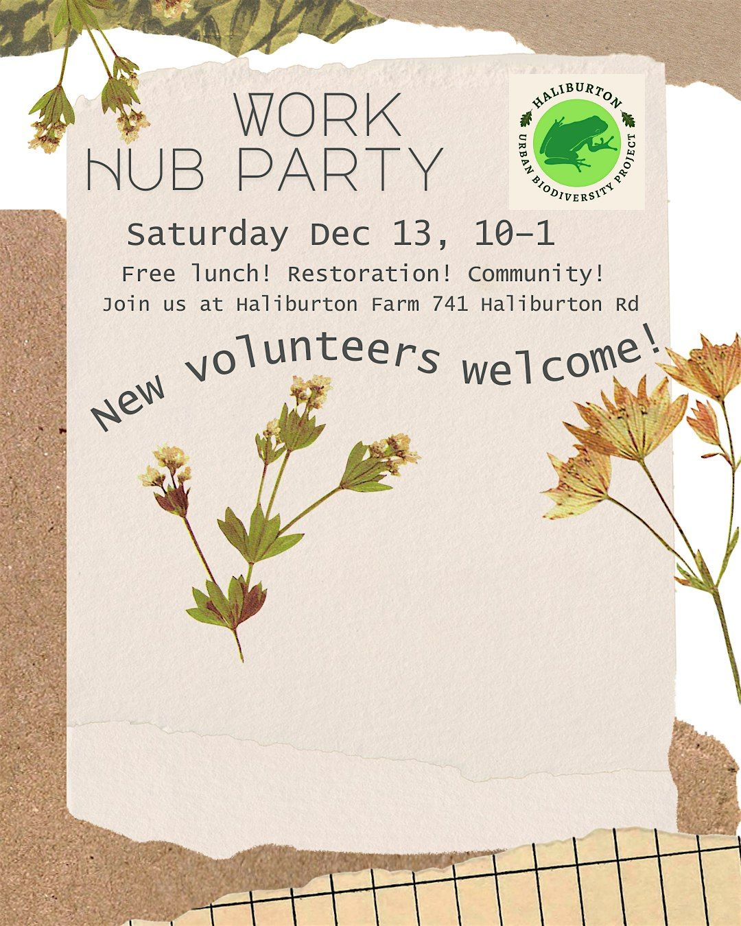 December HUB Restoration Work Party + Community Lunch (special date!)