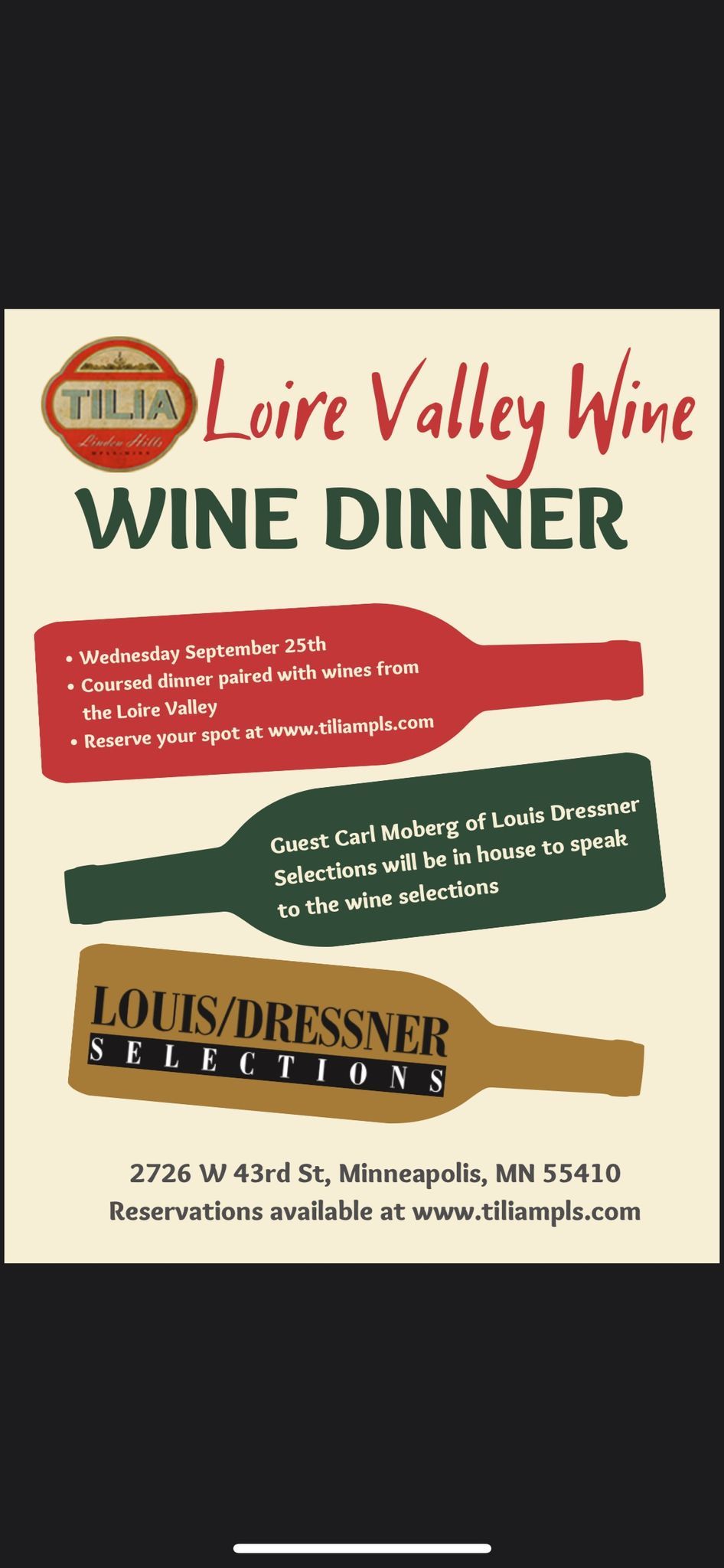 Loire Valley Wine Dinner at Tilia!