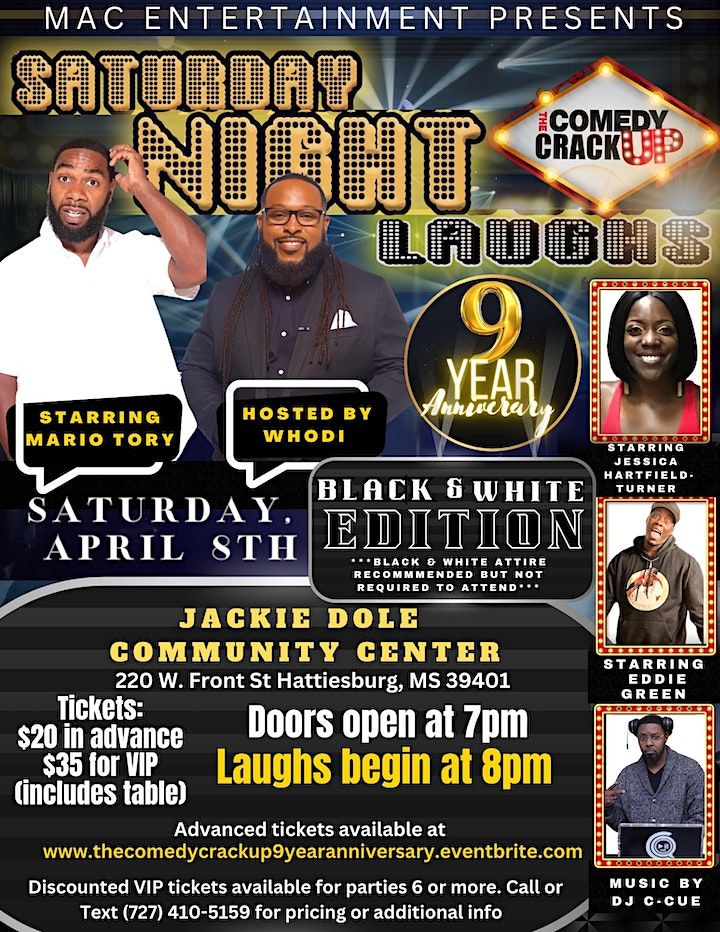 SATURDAY NIGHT LAUGHS 9th YEAR ANNIVERSARY starring MARIO TORY, Jackie