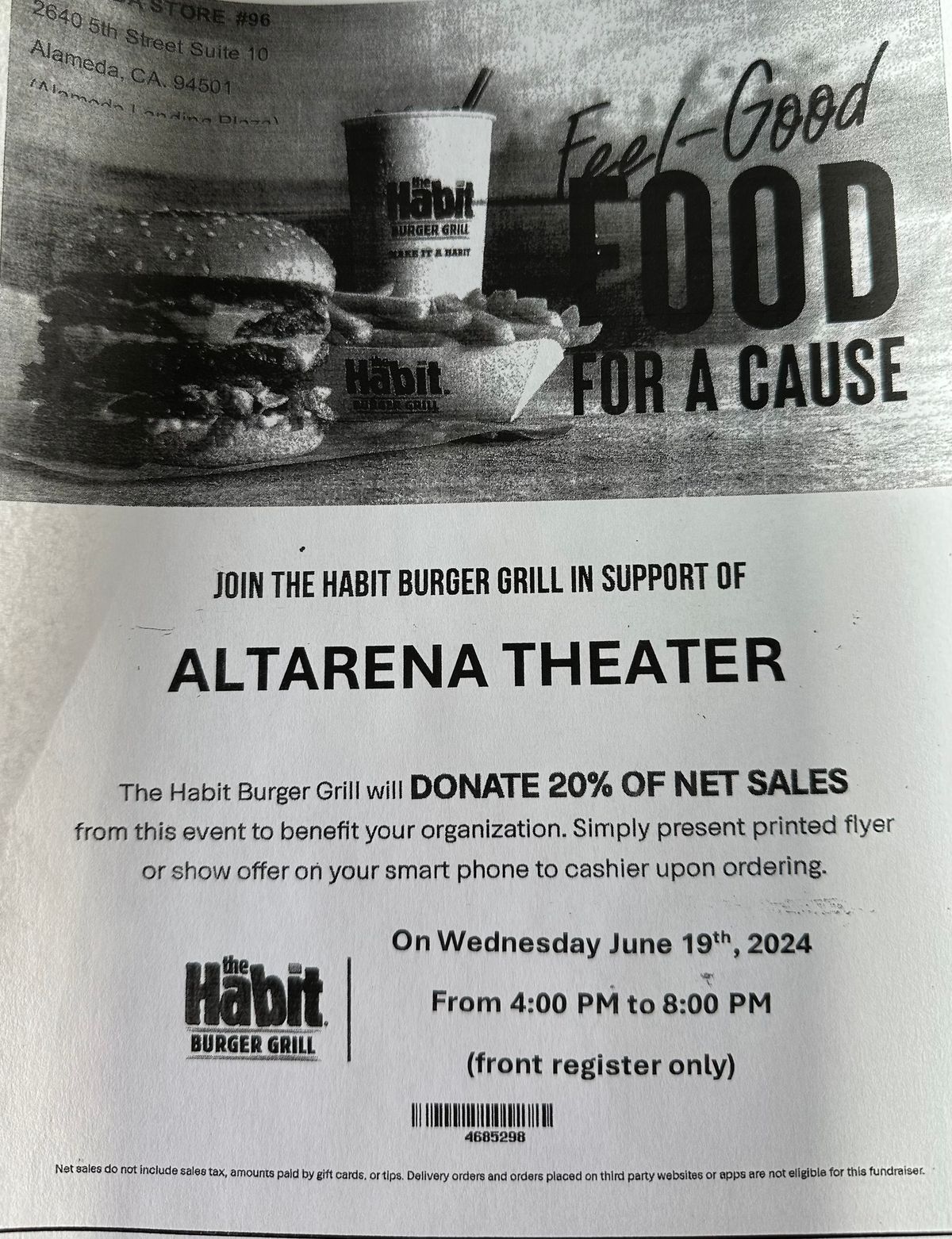 Support Altarena Playhouse at The Habit Burger Grill