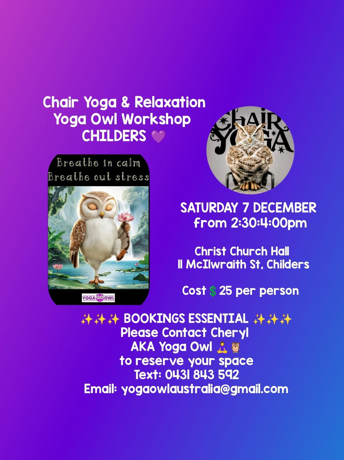 Chair Yoga & Relaxation Yoga Owl Workshop CHILDERS \ud83d\udc9c