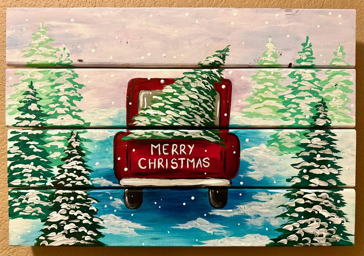 Christmas Tree Farm wood painting at Locavore Beer Works