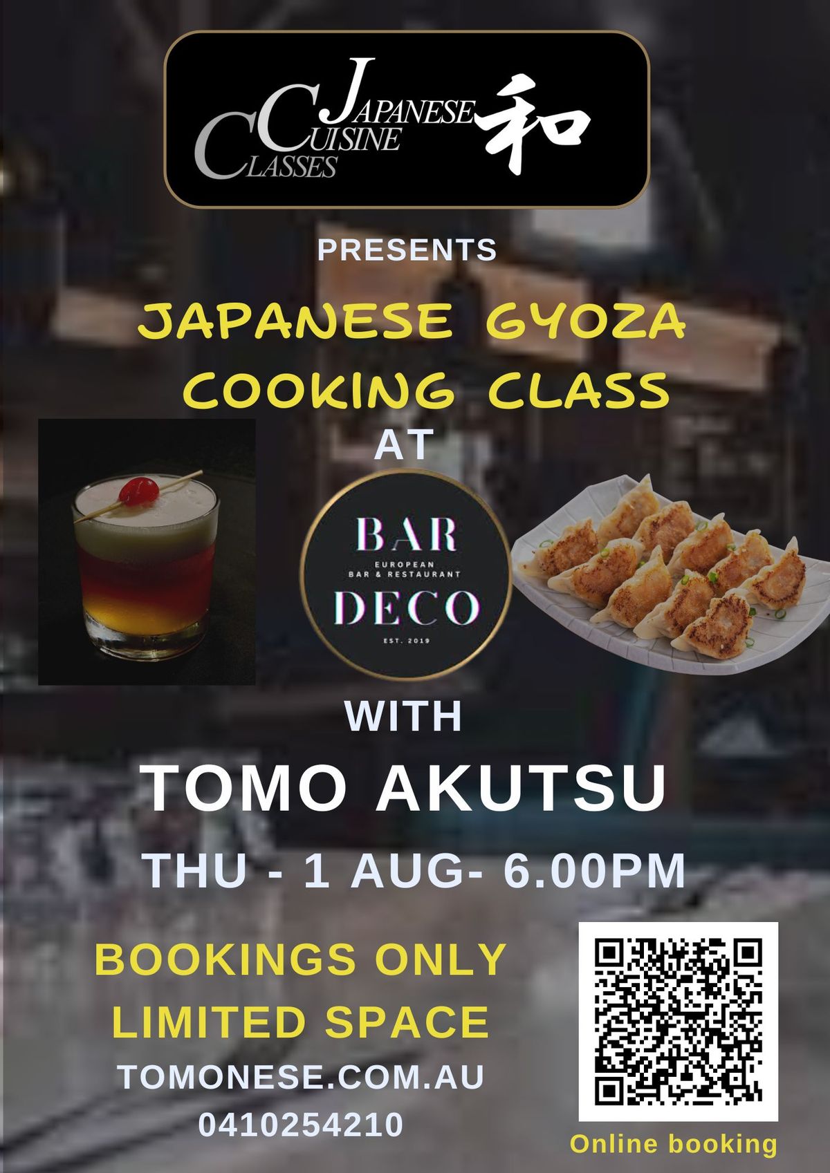 Crispy and Juicy Gyoza cooking class at Bar Deco in Yandina 1 Aug Thu at 6 PM