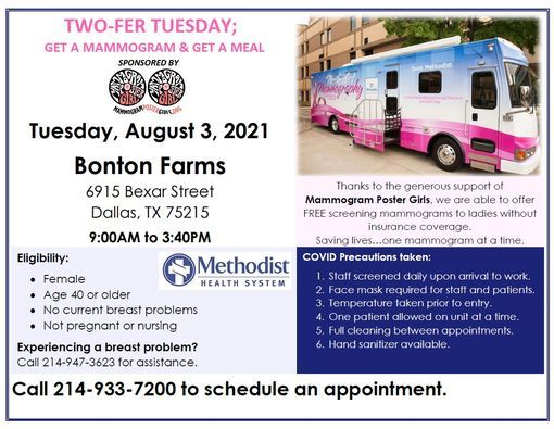AUGUST Mammogram Poster Girls' Two-Fer Tuesday (get a mammogram, get a meal) - BONTON FARMS