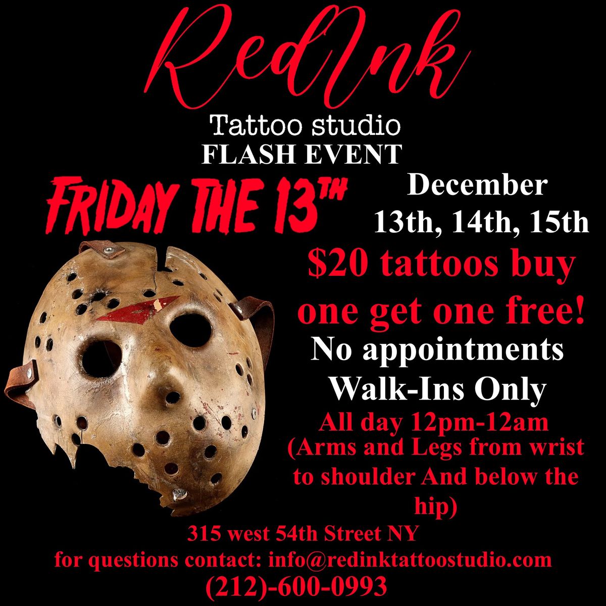 FLASH $20 TATTOOS BUY ONE GET ONE FREE DECEMBER 13TH FRIDAY THE 13TH!!