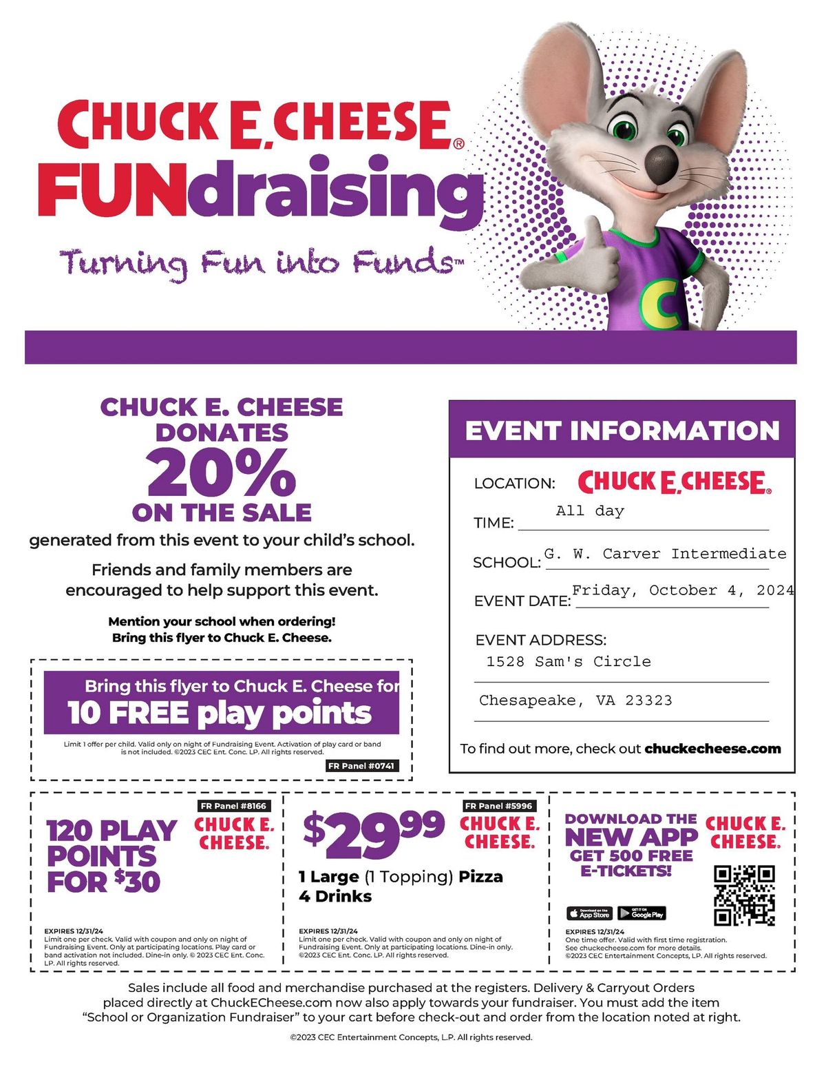 GWC PTA Fundraiser at Chuck E Cheese 