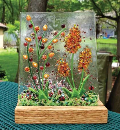 Fall Fused Glass Scene with Wooden Stand