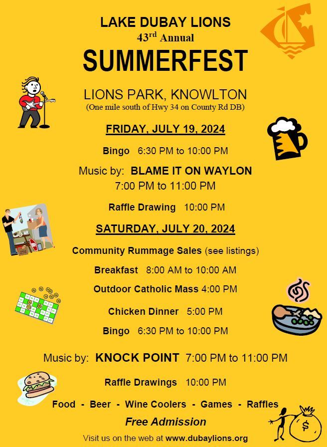 Lake DuBay Lions 43rd Annual Summerfest, July 19-20, 2024