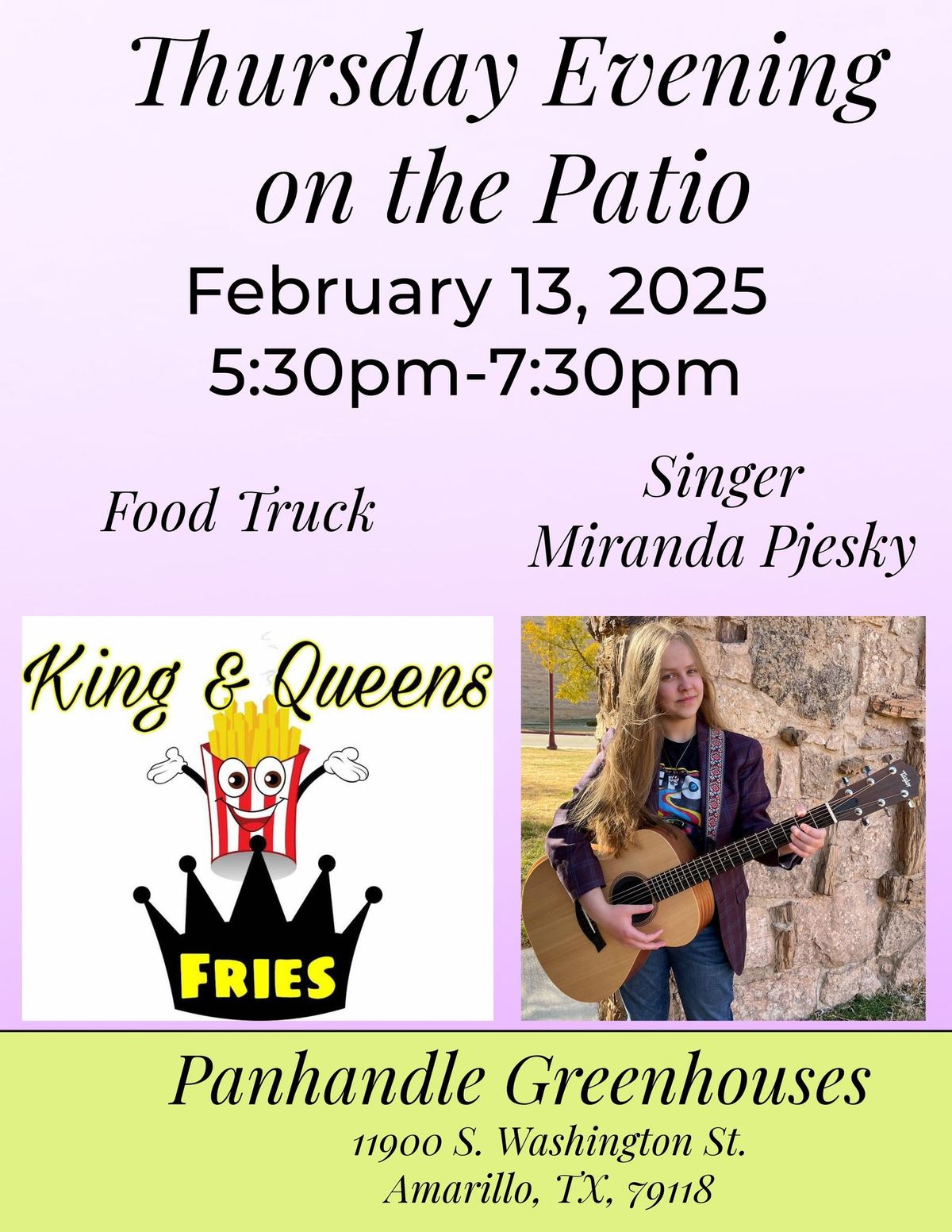 Thursday Evening on the Patio Singer-Miranda Pjesky, Food Truck-King & Queens Fries