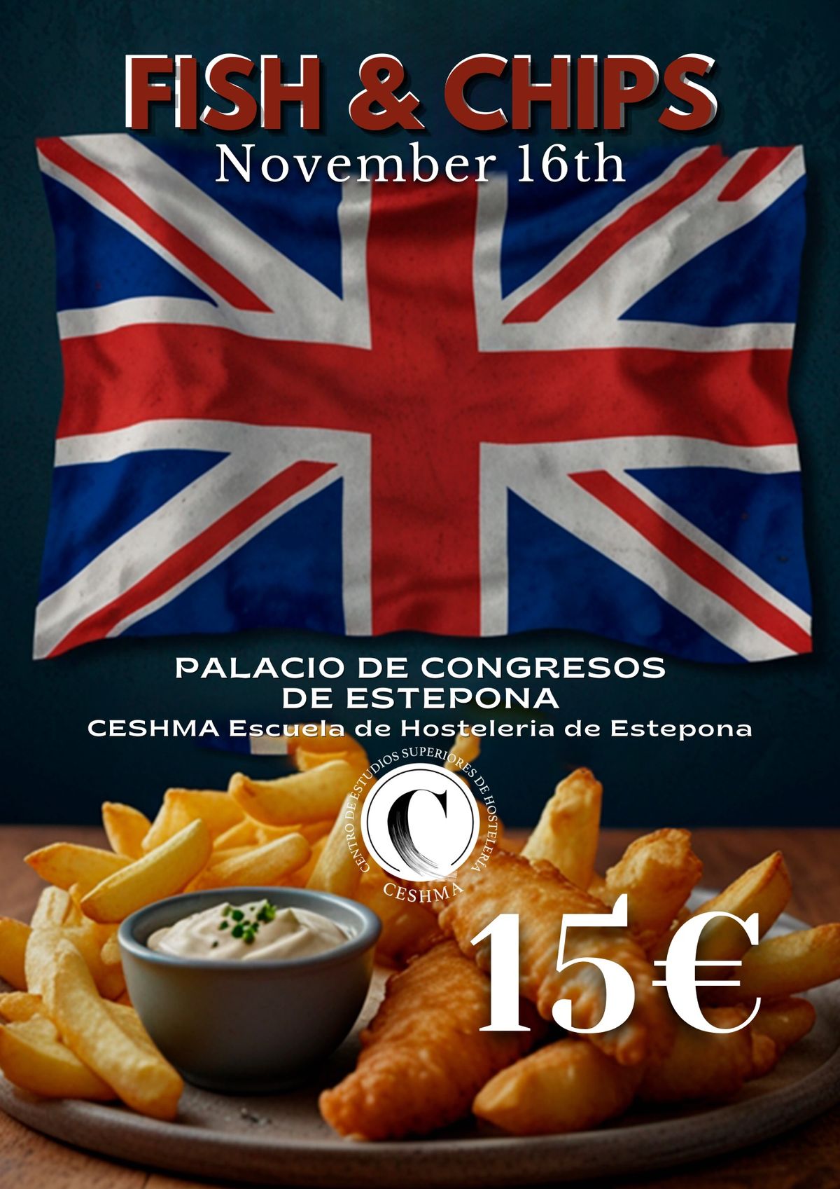 British day menu 15\u20ac: fish and chips