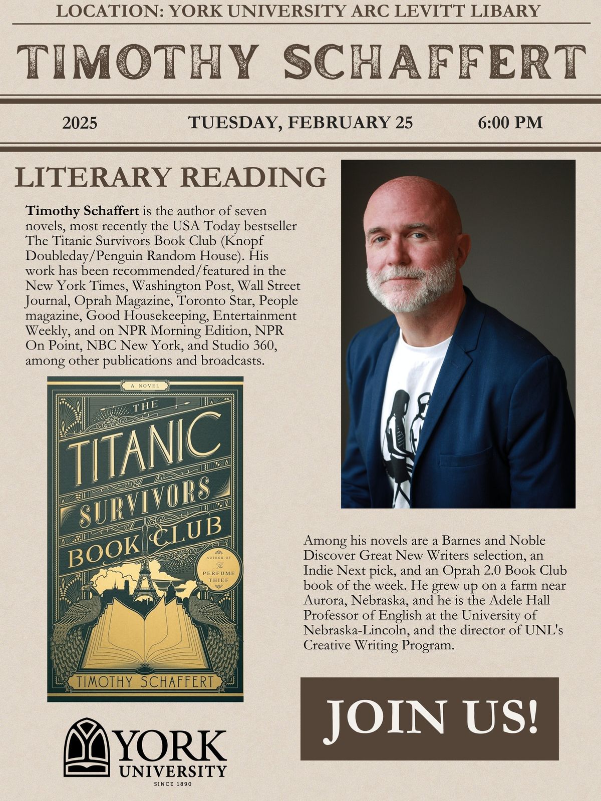 York University Literary Reading: Timothy Schaffert