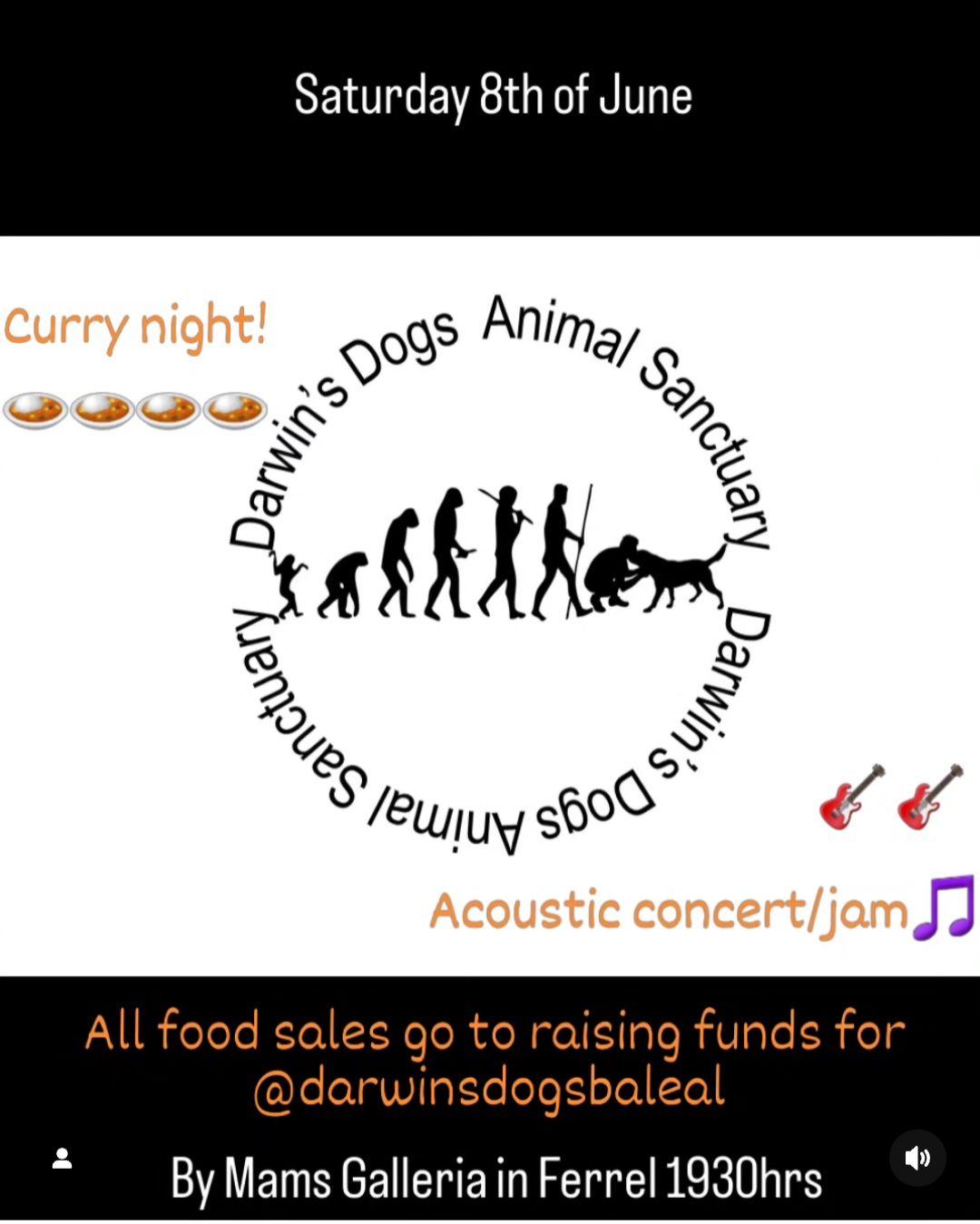 Curry night and acoustic concert to fund raise for Darwins Dogs Animal Sanctuary. 