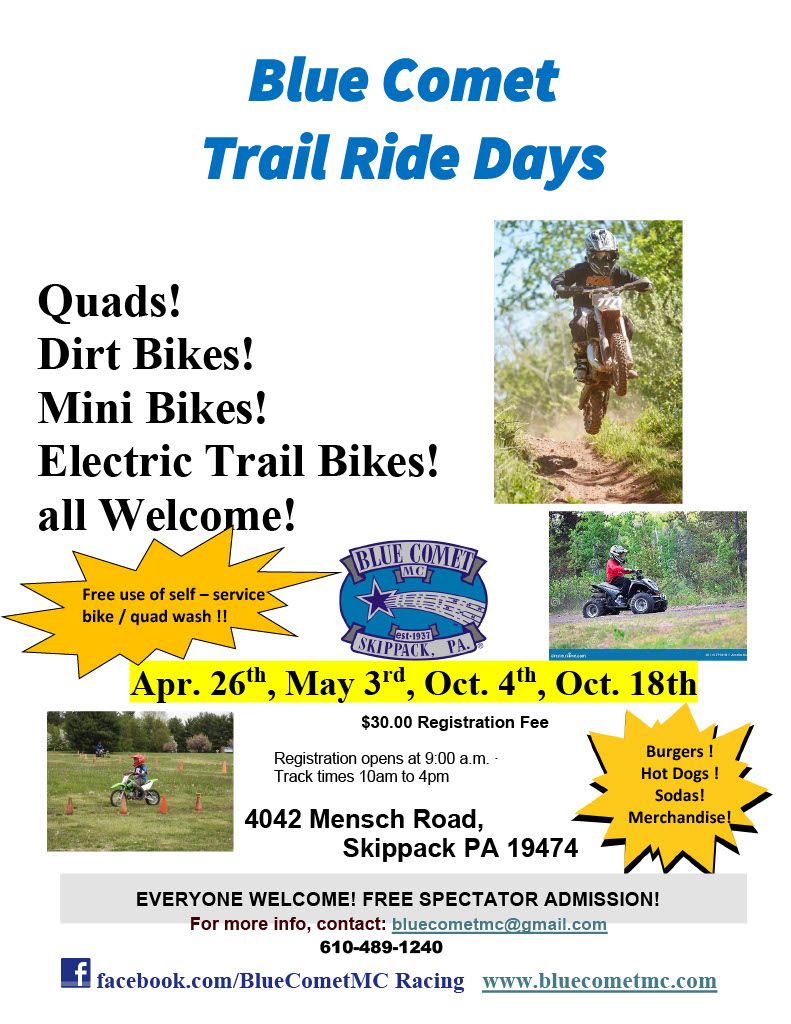 Blue Comet Trail Days  April 26th, May 3rd, Oct. 4th and Oct. 18th !!