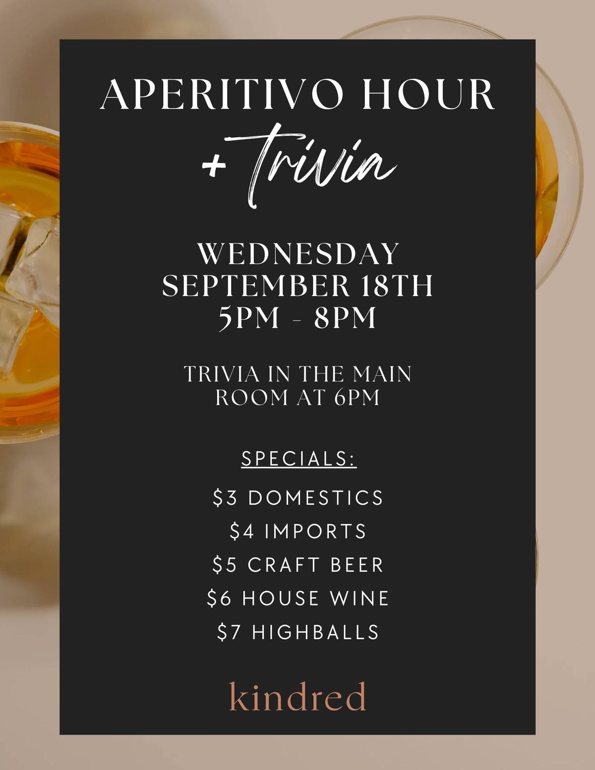 Aperitivo Hour & Trivia at Kindred Weddings and Events!