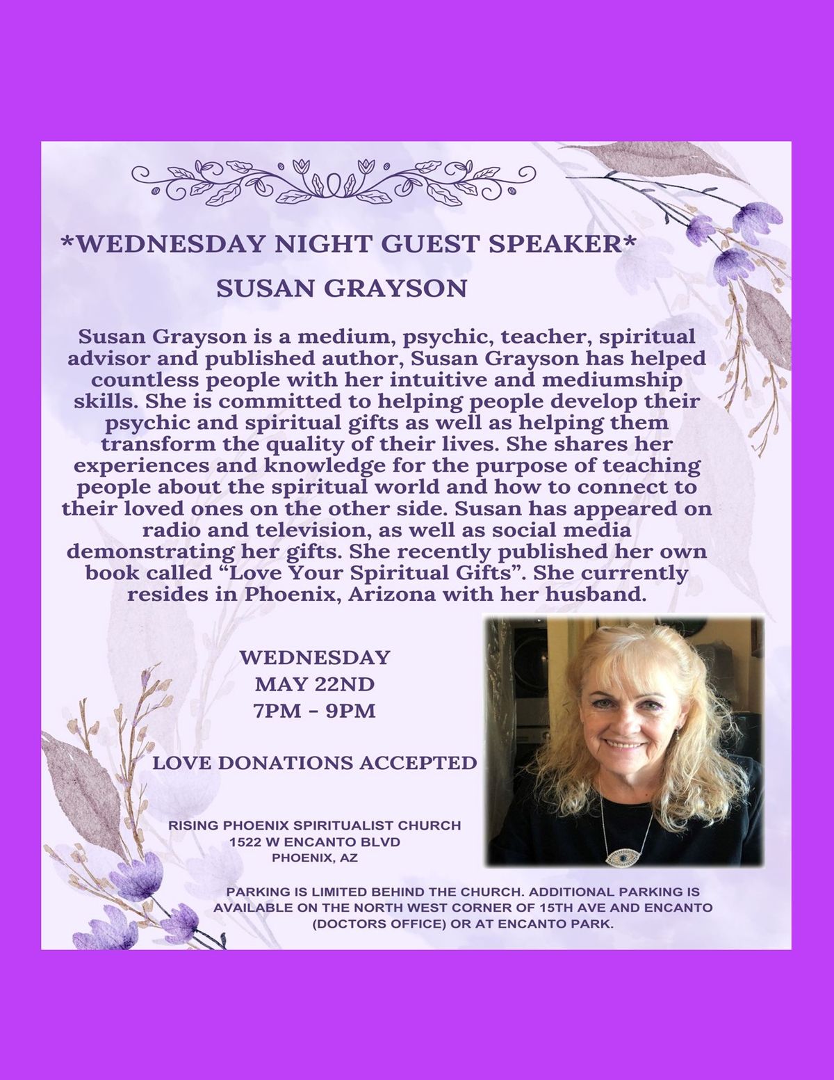 WEDNESDAY NIGHT GUEST SPEAKER SUSAN GRAYSON