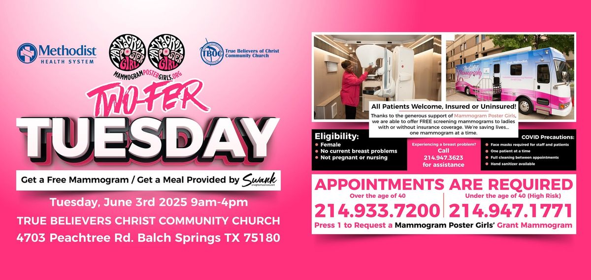 FREE MAMMOGRAMS! June 3, 2025 Two-Fer Tuesday hosted by True Believers Christ Comm. Church