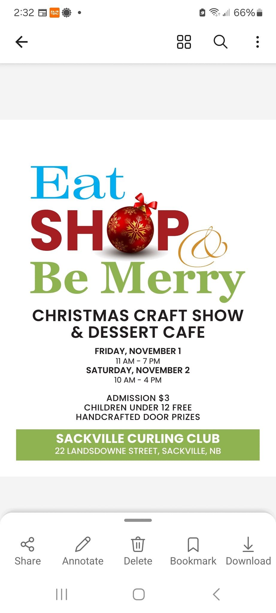 Sackville Curling Club annual Christmas Craft Show and Dessert Cafe