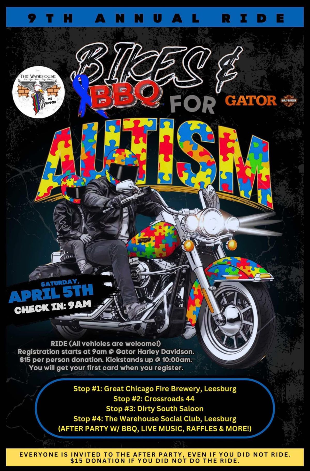 9th Annual Bikes & BBQ 4 Autism Ride & After Party! BBQ, Live Music, Raffles & More. Fun 4 Everyone!