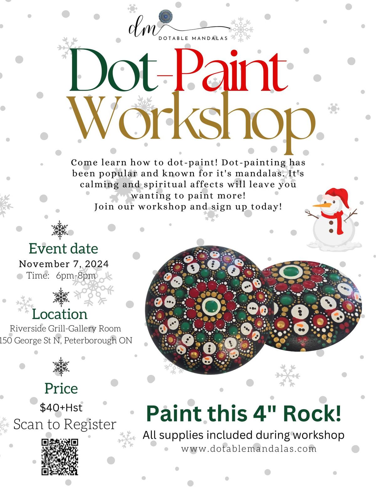 Peterborough-Riverside Grill & Gazebo-4" Holiday\/Snowman Rock Dot-Paint Night