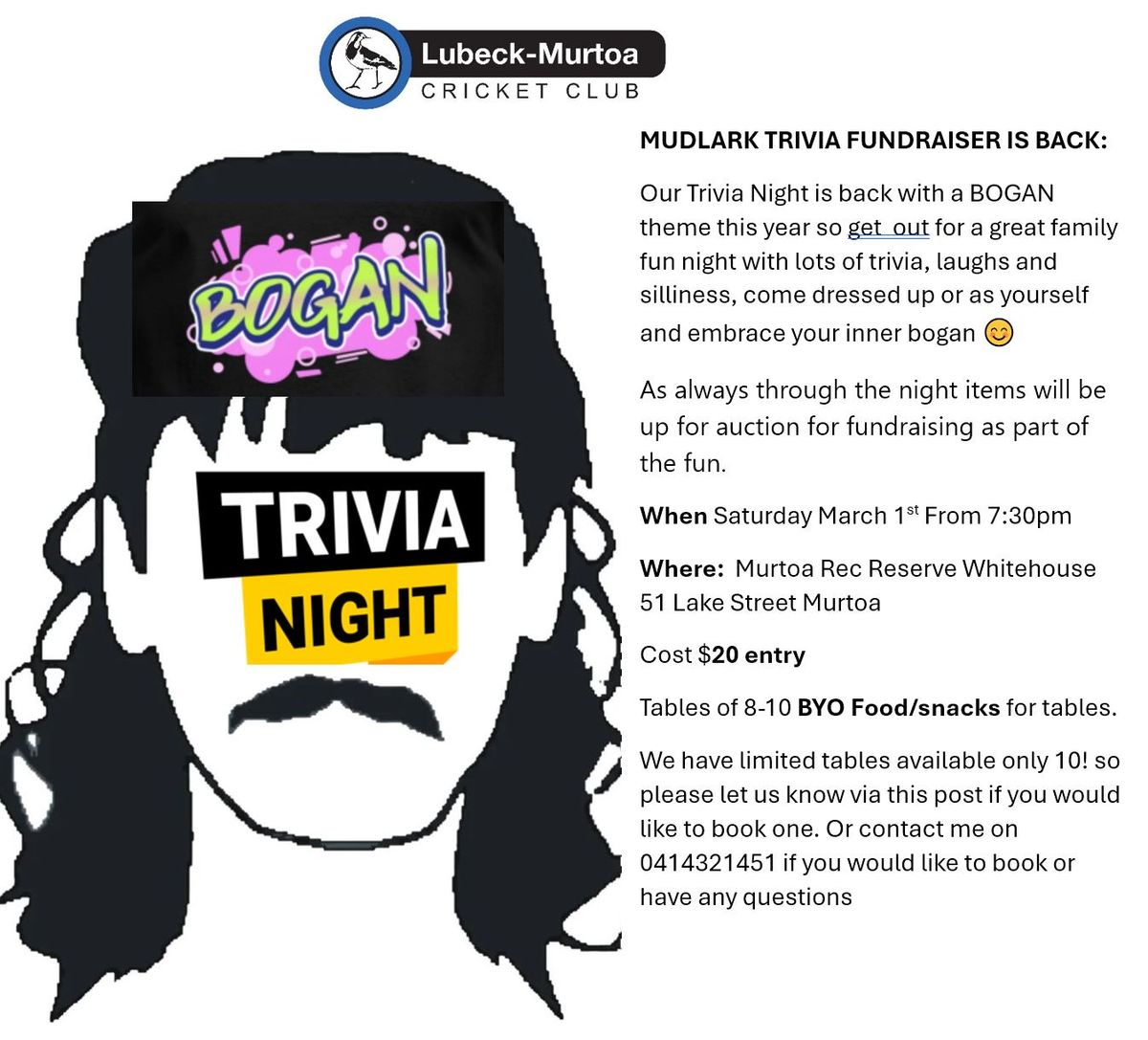 Mudlark Fundraiser: BOGAN TRIVIA NIGHT 