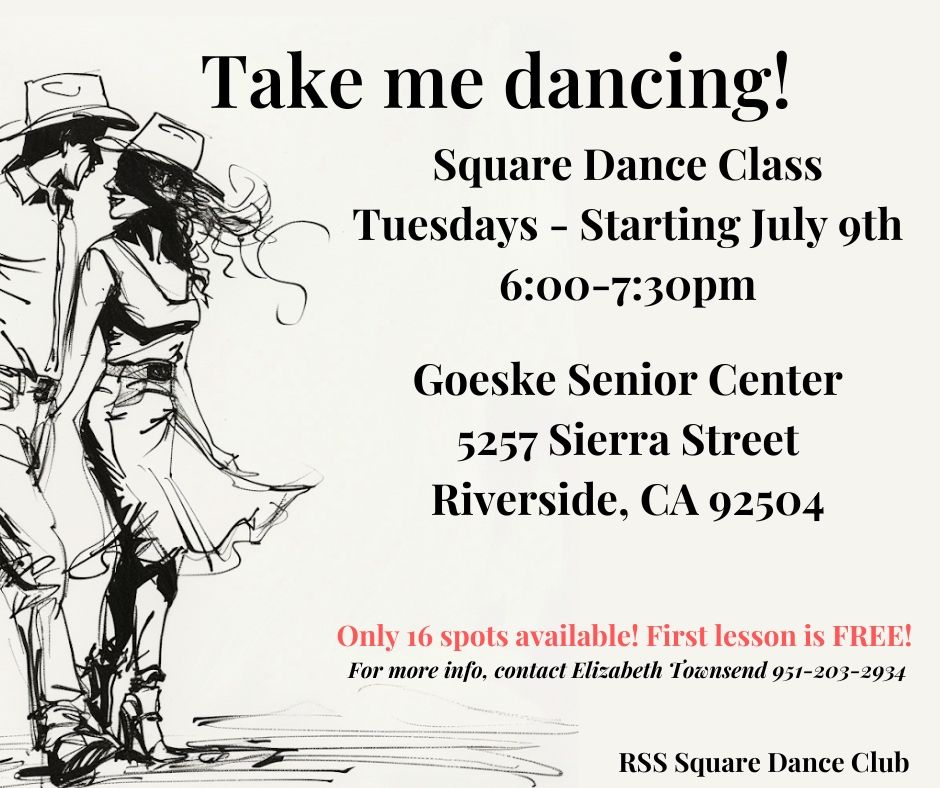 New Square Dance Class in Riverside, CA starting July 9, 2024 - Meeting every Tuesday!