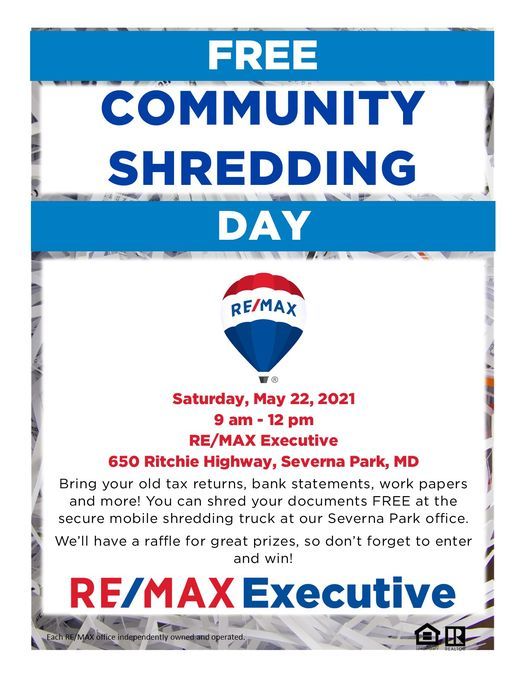 Free Community Shred Event Severna Park 650 Ritchie Hwy Severna Park Md 21146 3919 United States 22 May 2021 Free Shredding Events Near Pasadena Md 2022