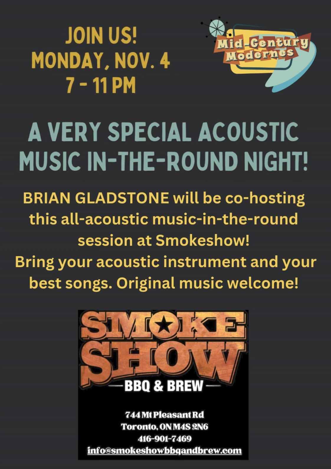 A Very Special Acoustic Music Night at the Smokeshow! Co-hosted by Brian Gladstone!