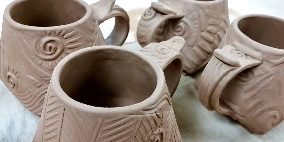 Stamped and Textured Handbuilt Mugs @ MythMaker Brewing