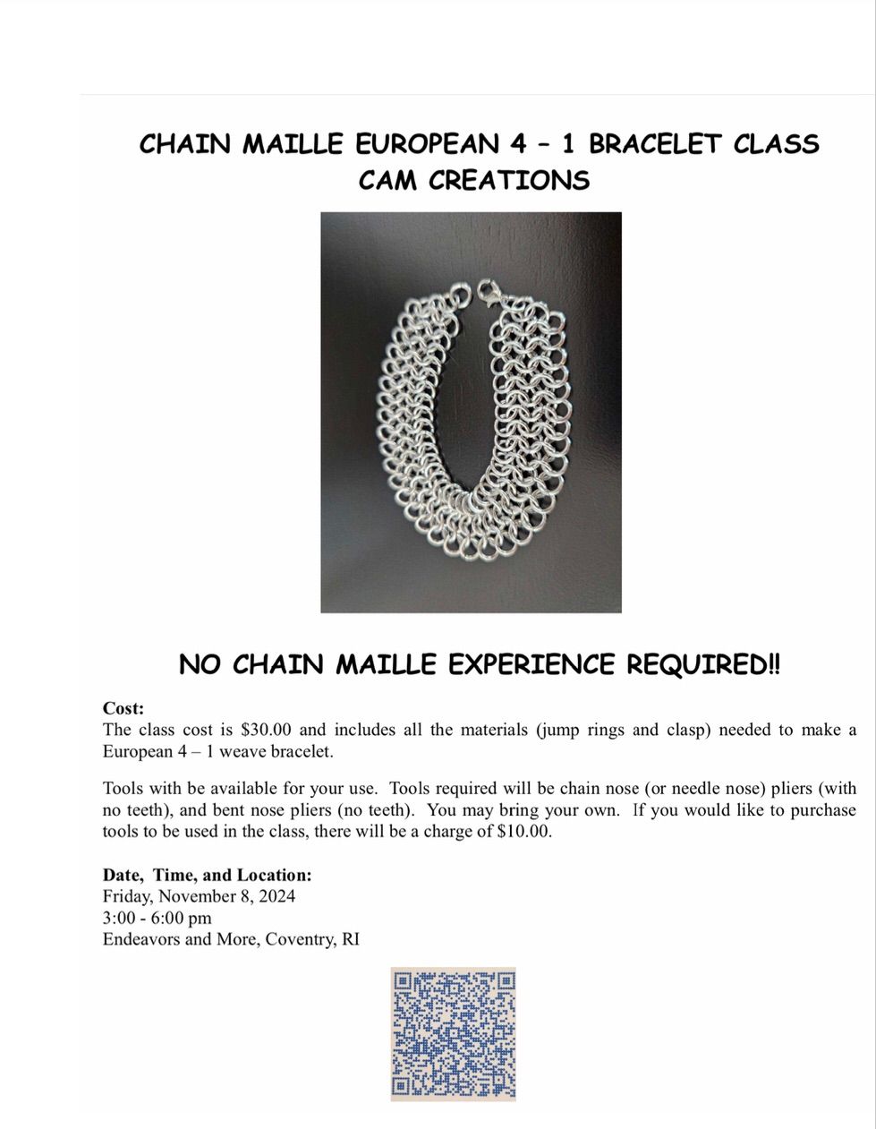 Chain Maille European 4-1 bracelet Making Class with Cam Creations