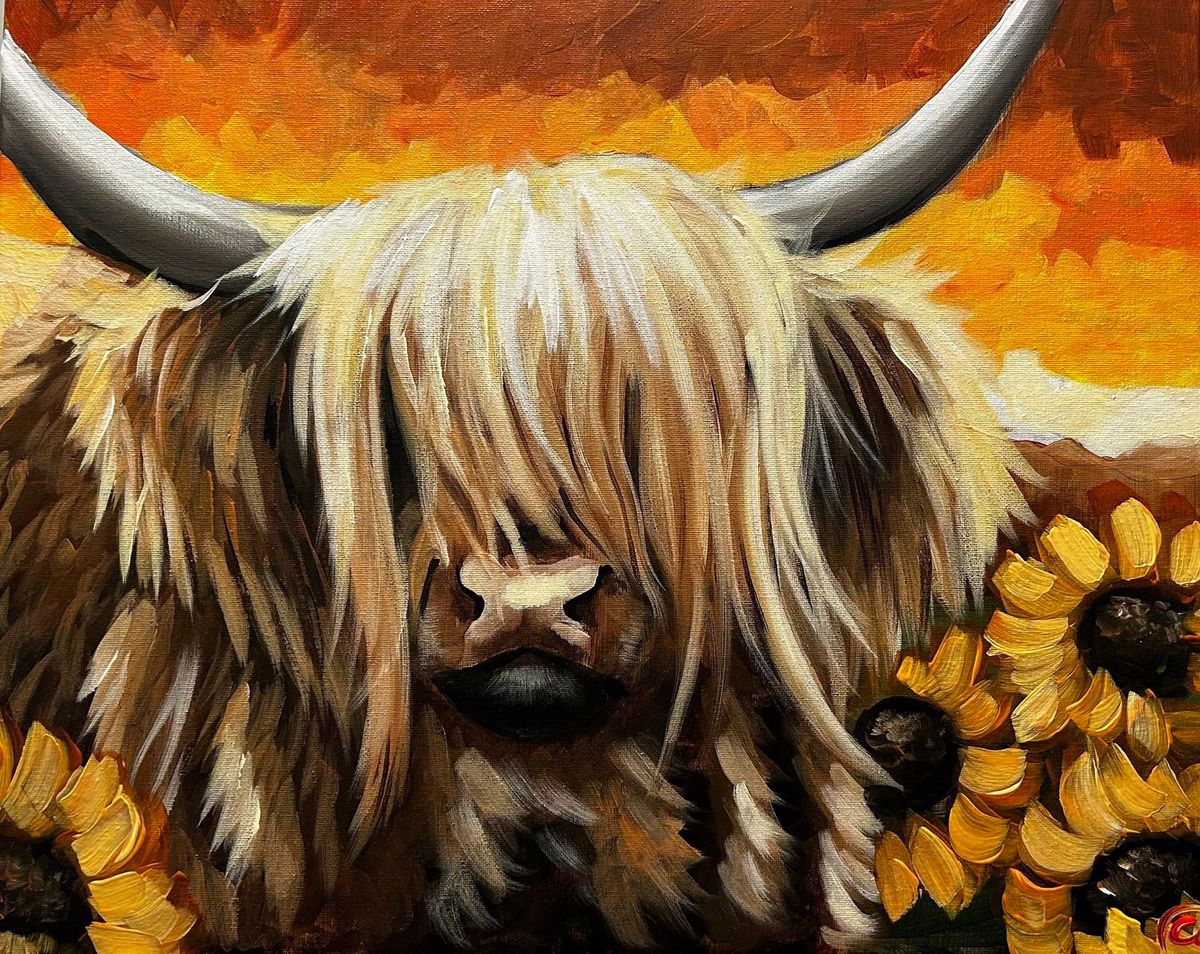 Step-by-Step Acrylic Paint Class - Sunsational Highland Cow