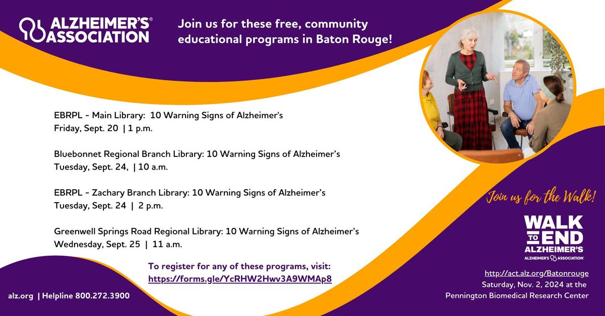 10 Warning Signs of Alzheimer's (multiple venues)