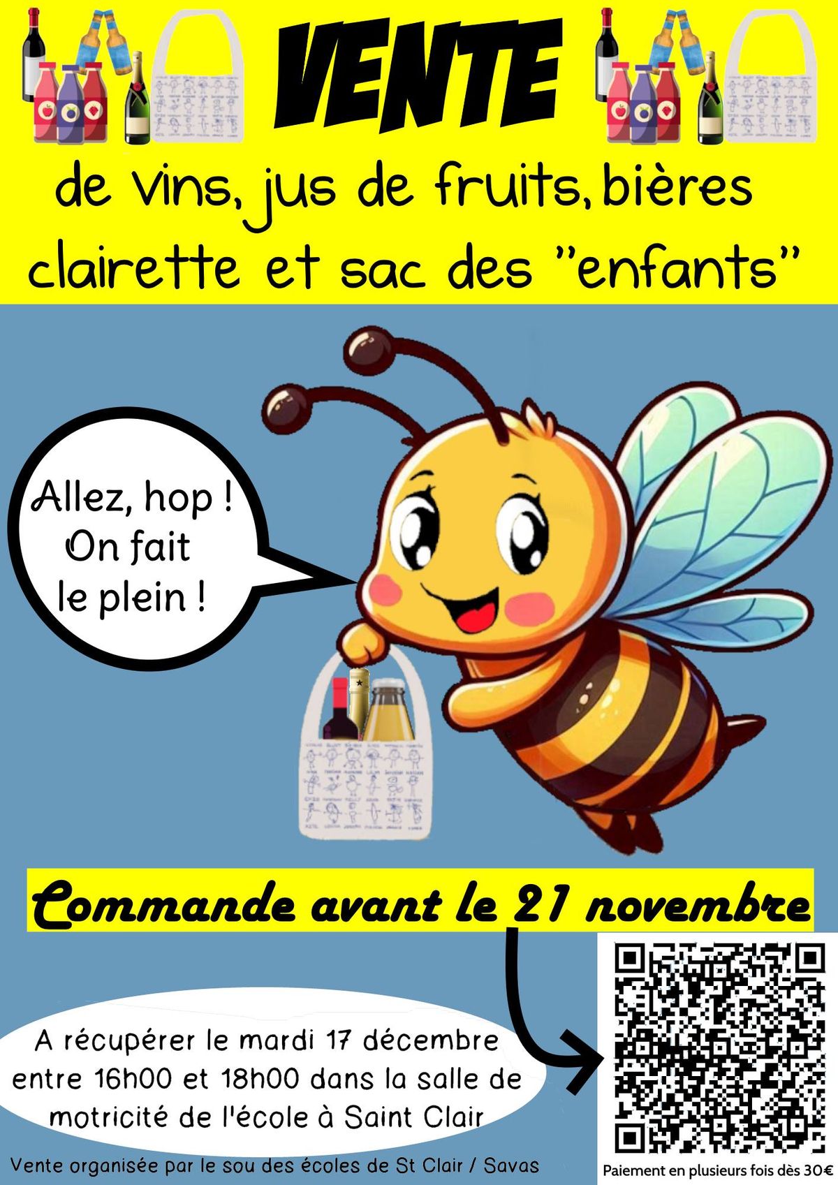 Vente de vins, jus de fruits, bi\u00e8res, clairette et sac "des enfants"