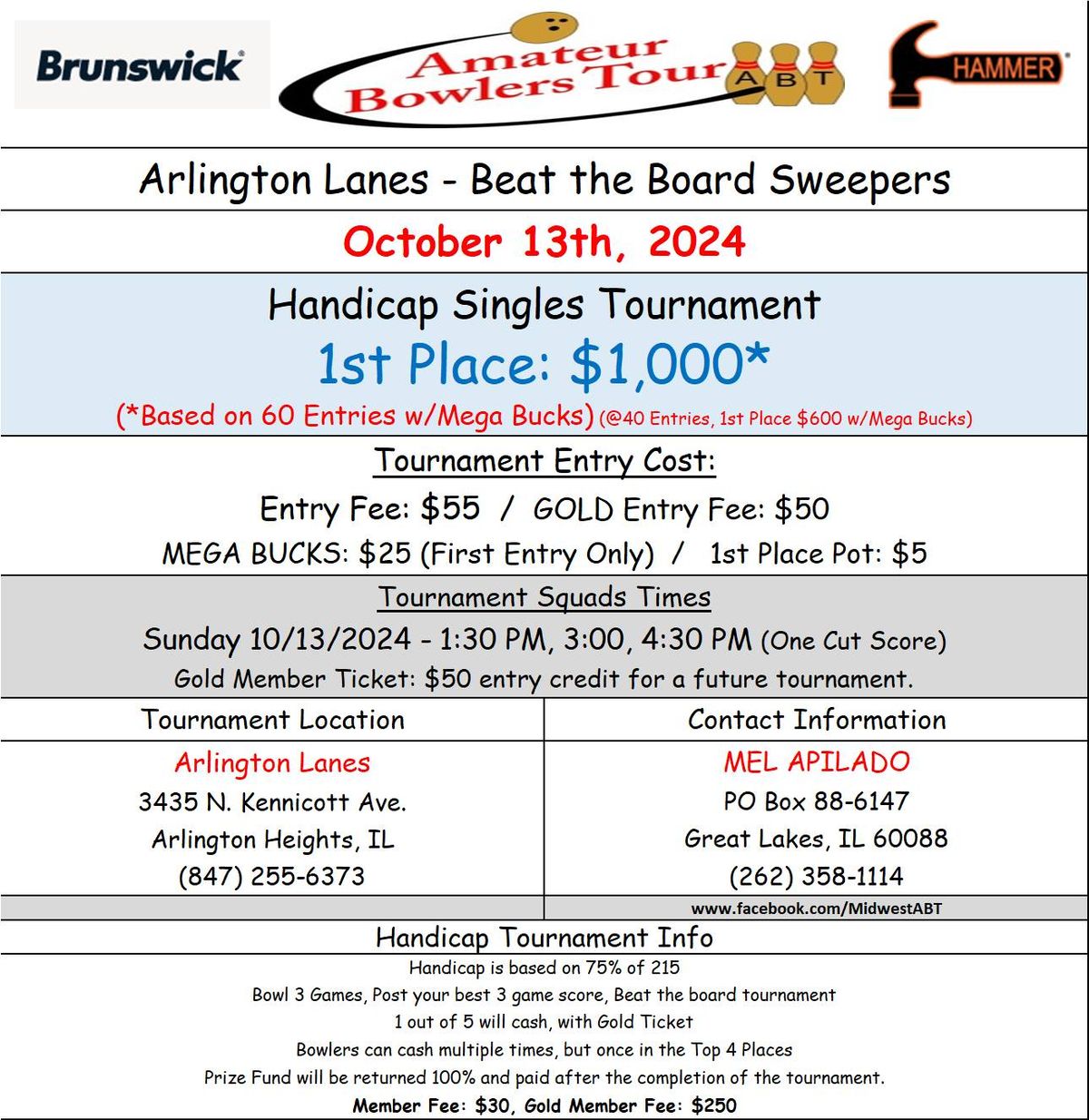 Arlington Lanes, $1K, Oct 13 (Sun)