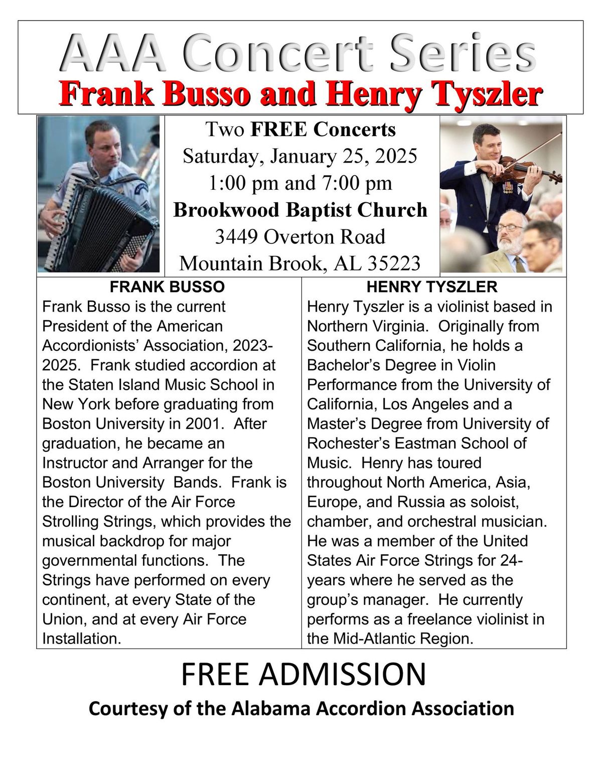 FREE Concert featuring Concert Violinist Henry Tyszler and Master Accordionist Frank Busso