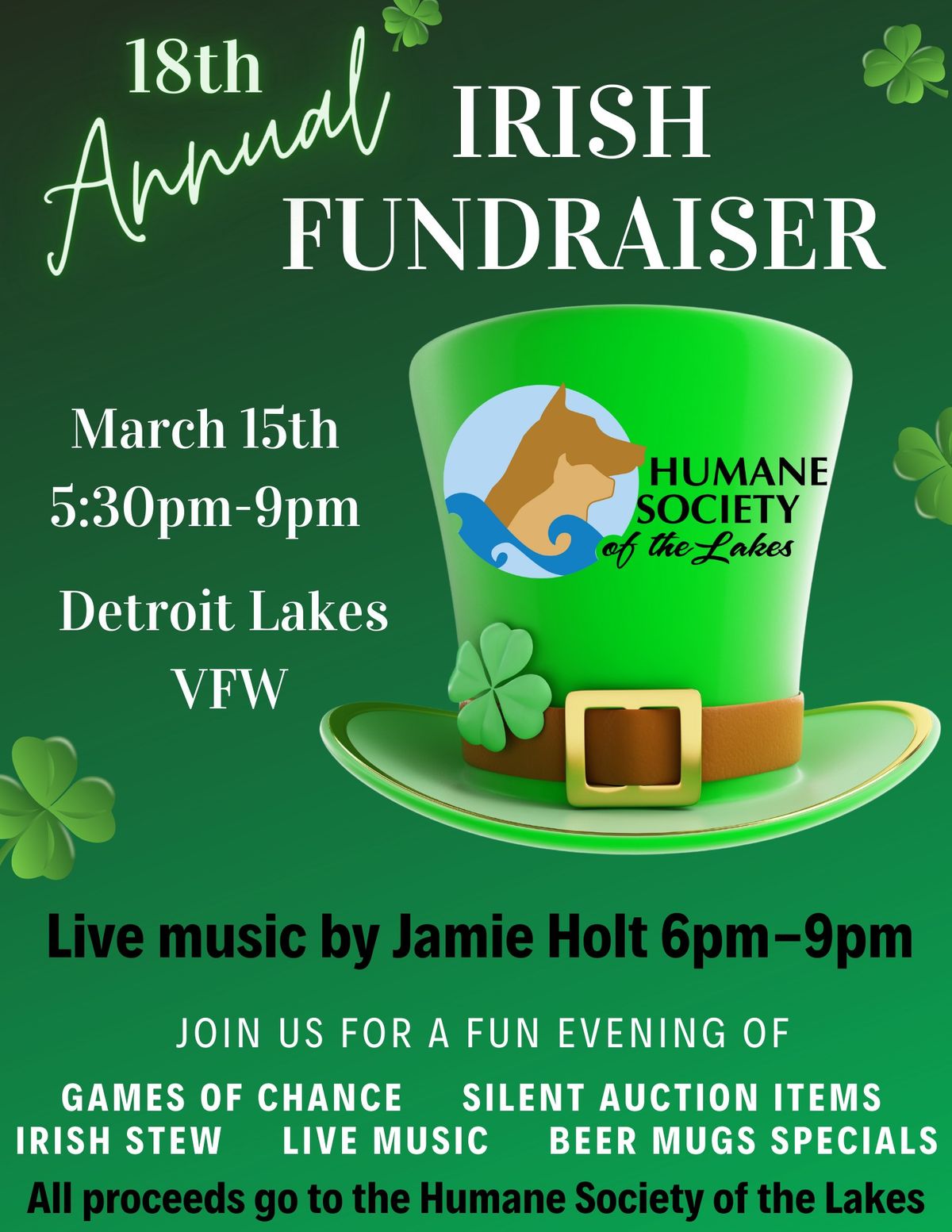 Humane Society of the Lakes' Annual Irish Fundraiser 