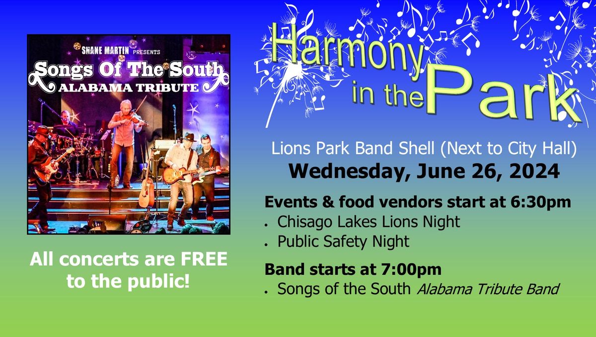 Harmony in the Park \u2013 Songs of the South, Chisago Lakes Lions Night, & Public Safety Night 