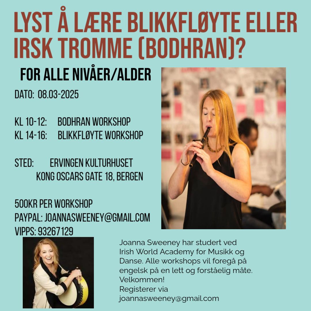 Irsk tromme (bodhran) og Blikk fl\u00f8yte (tin whistle) workshop