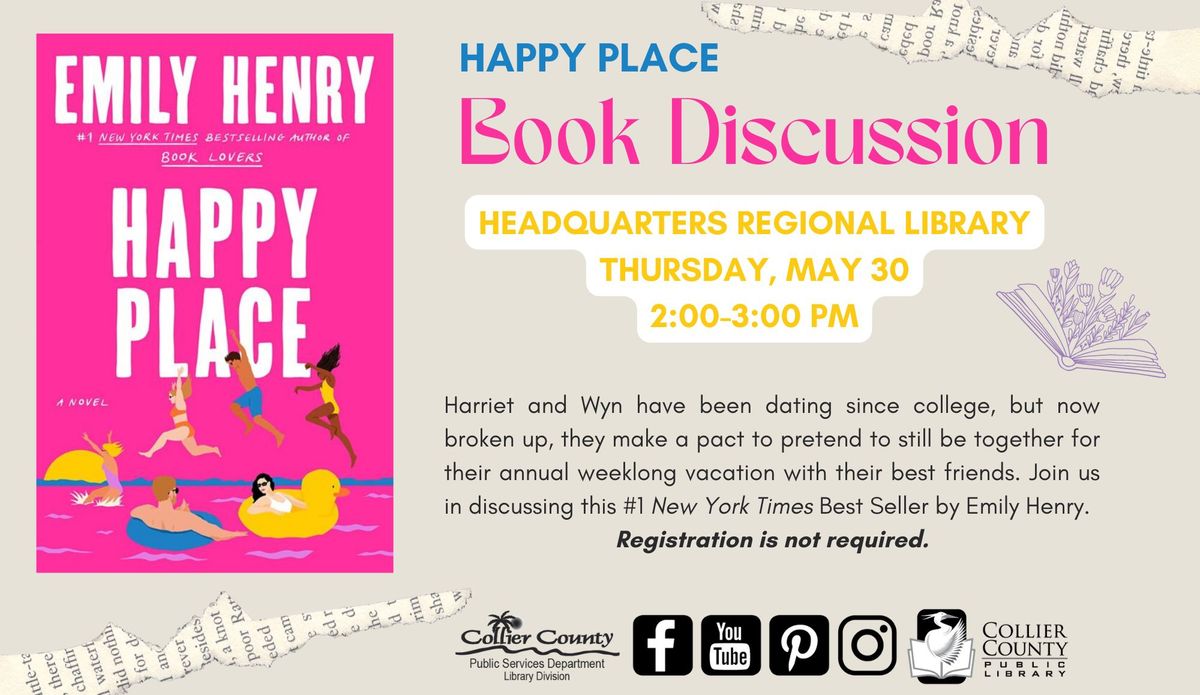 Happy Place by Emily Henry Book Discussion at Headquarters Regional Library