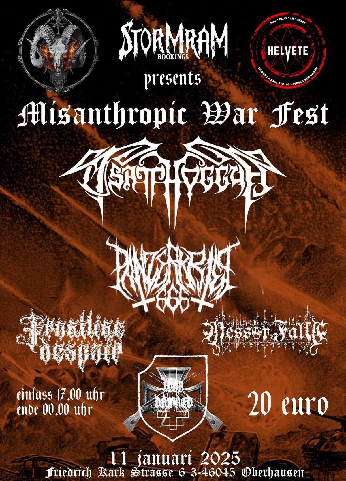 STORMRAM MISANTROPHIC WAR FEST met oa MESSOR FALCE (NL) + TSATTHOGGUA (DE) | Helvete | Zat 11 Jan