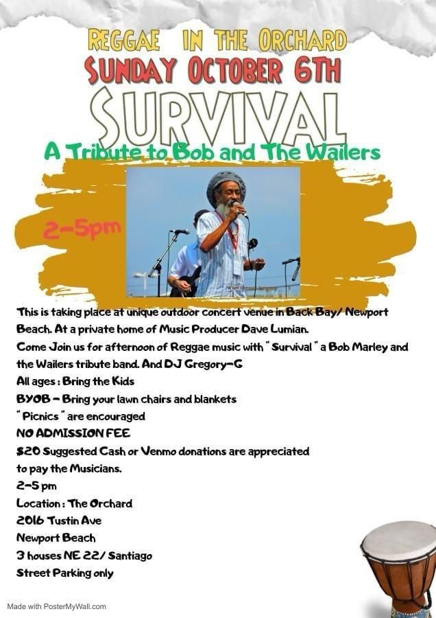 Bob Marley Tribute Band Survival along with DJ Gregory G Live in Newport Beach