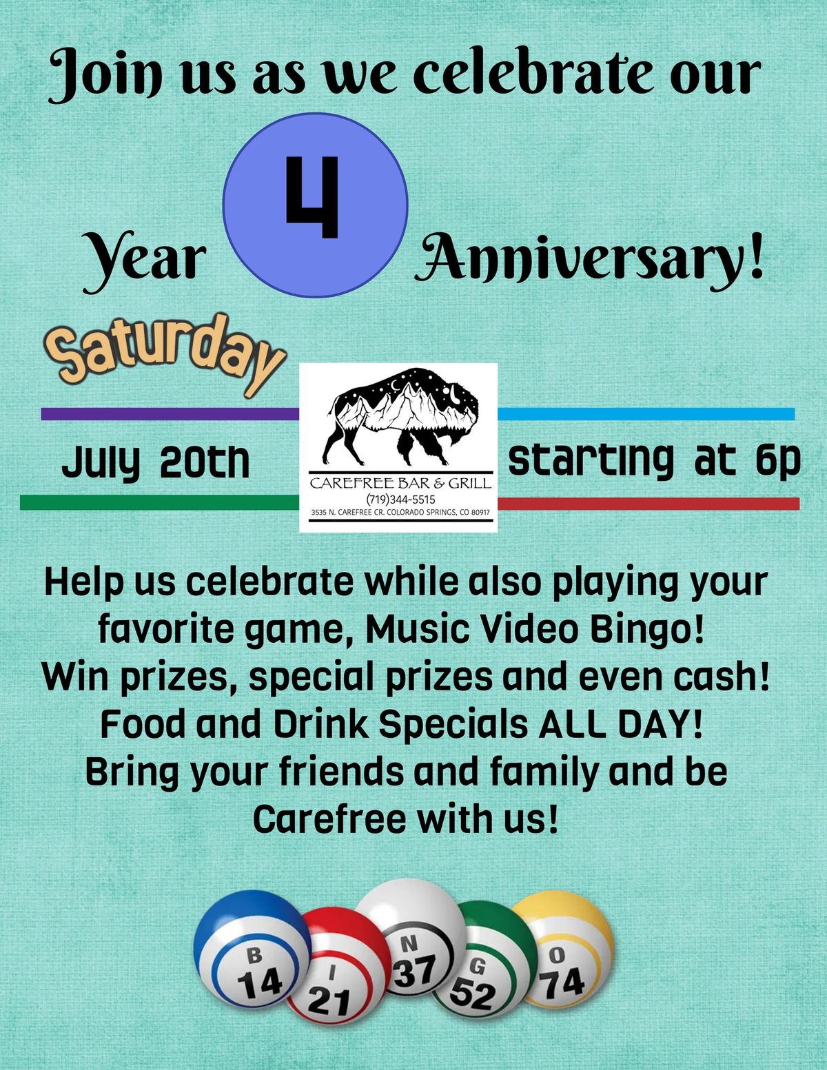Carefree Bar & Grill's 4 Year Anniversary & Bingo Party