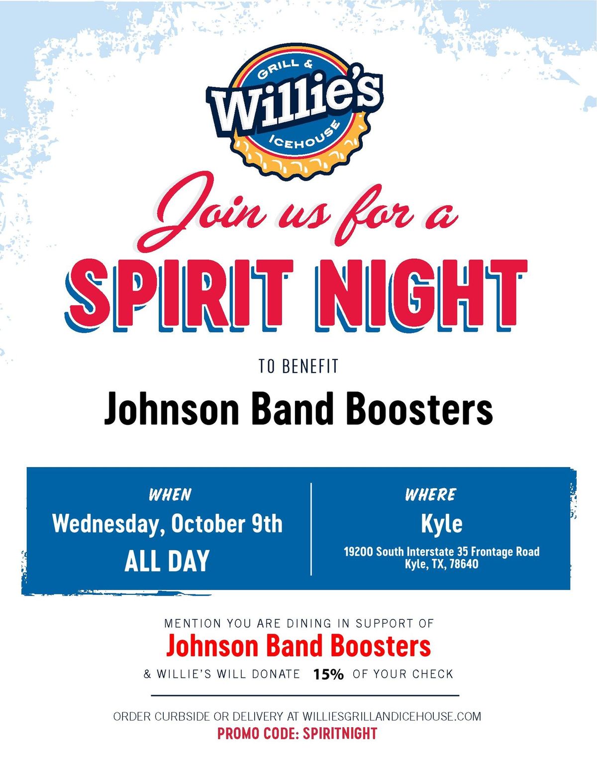 Spirit Night at Willie's Grill & Icehouse in Kyle, TX 