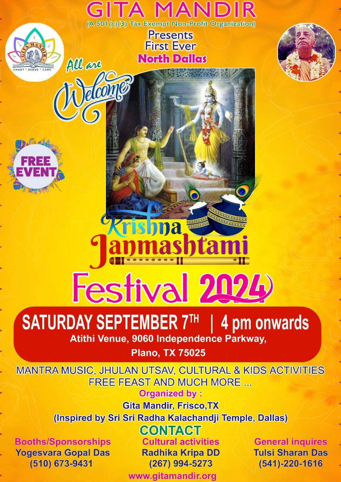 Sri Krishna Janmastami Festival 2024, 9060 Independence Pkwy, Plano, TX